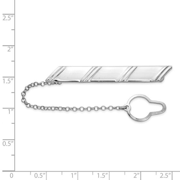 Rhodium Plated Sterling Silver Diagonal Stripe w/ Button Chain Tie Bar - Picture 2 of 3